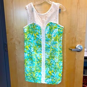 NWT Lilly Pulitzer shift dress blue yellow green and white lace detail size 14.